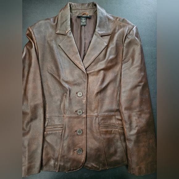 NWOT - Distressed Leather Venezia Brown Blazer - Vintage - 14/16 - Picture 6 of 10